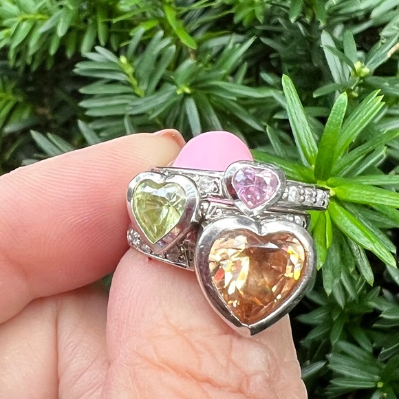 SET OF 3 THREE HEART CUT MULTICOLOR CZ CUBIC ZIRCONIA RINGS925 STERLING SLVR